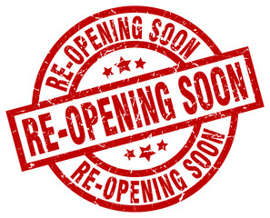 re-opening soon round red grunge stamp