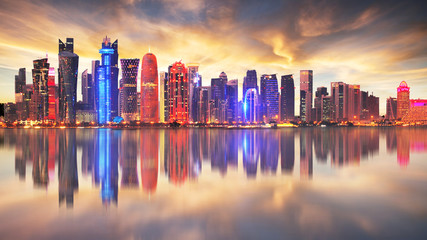 Skyline of modern city of Doha in Qatar, Middle East. - Doha's Corniche in West Bay, Doha, Qatar