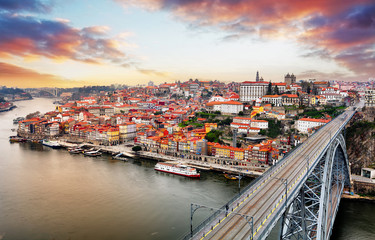  Porto at twilight with reflection in Douro river. Portugal