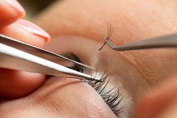 The master builds up large colored eyelashes to the client. Preparation for beauty photography....