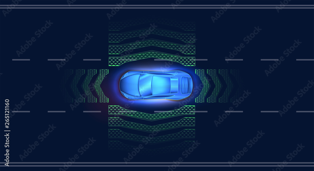 Poster Autonomous Smart  car  on the road scan the traffic. Scans the road, observe the distance. Top view of the car. Future concept. Vector illustration