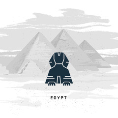 Vector icon of Great Sphinx of Giza isolated on the hand-drawn vector illustration of the pyramids of Egypt.