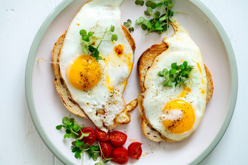 Breakfast with toast and fried eggs