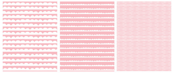 Set of 3 Geometric Seamless Irregular Vector Patterns with Hand Drawn Abstract Waves Design. Funny Pink and White Infantile Waves Illustration. Cute Pastel Colors Nursery Art.