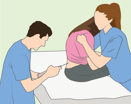 Epidural shot - Nurse comforting pregnant woman, doctor gives Epidural