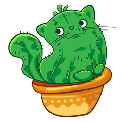 Dreaming cat cactus sits in a flower pot. Vector cartoon illustration. It can be used for sticker, patch, phone case, poster, mug and other design