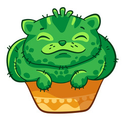 Fat cat cactus sits contented in a pot. Vector cartoon illustration. It can be used for sticker, patch, phone case, poster, mug and other design
