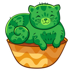Happy fat cat cactus lies in a flower pot. Vector cartoon illustration. It can be used for sticker, patch, phone case, poster, mug and other design