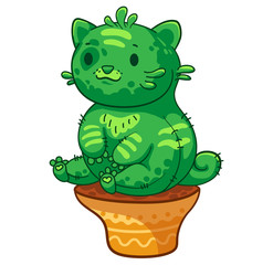 Very fat cat cactus sitting in a flower pot. Vector cartoon illustration. It can be used for sticker, patch, phone case, poster, mug and other design