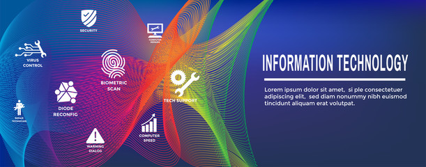 Information technology Web Header Banner with Wrench, Computer Repairman, computer icons, etc.