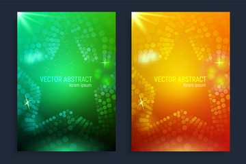 Vertical banners set with 3D abstract UFO Green, orange and yellow mesh star background with circles, lens flares and glowing reflection. Set with 3D abstract background in trend colors. Vector