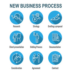 New Business Process Icon Set with Bidding Process, Proposal, Contract