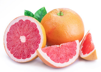 Grapefruit and grapefruit slices isolated on white background.