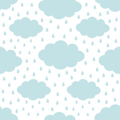 Seamless Pattern. Blue cloud in the sky. Rain drop. Cute cartoon kawaii funny baby kids decor. Wrapping paper, textile template. Nursery decoration. White background. Flat design.