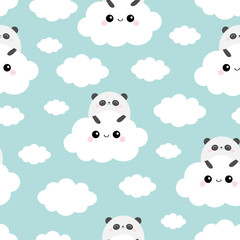 Panda bear face holding cloud in the sky. Seamless Pattern. Cute cartoon kawaii funny smiling baby character. Wrapping paper, textile template. Nursery decoration. Blue background. Flat design.