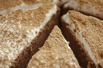 Pieces of cake. Chocolate Brownie, homemade. Close-up.