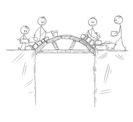 Obraz premium Cartoon stick figure drawing conceptual illustration of group of builders or workers or businessmen working and building a bridge over the chasm or precipice. Concept of teamwork and problem solution.