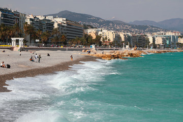Fototapeta premium City and beach on bank of sea gulf. Nice, France