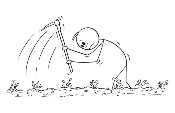 Cartoon Stick Figure Drawing Conceptual Illustration Of Hard Working Poor Farmer With Hoe On The Field.