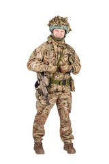 soldier with like gesture on white background