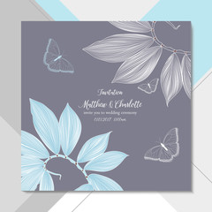 Delicate floral card on  abstract background. Invitation template for wedding ceremony, greeting, element for design. Vector pattern with hand-drawn leaves and butterfly.
