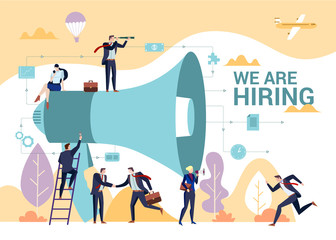 Business people shouting on megaphone, with we are hiring word, flat style vector illustration concept.