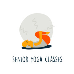 Funny vector cartoon illustration of senior man lying in yoga pose. Senior yoga, fitness, sport club concept.