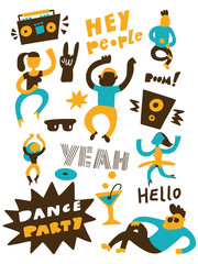 Vector illustration of dance party. Funny dancing people.