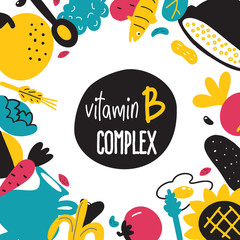 Fototapeta na wymiar Vitamin B cartoon food illustration. Food ingredients with text space.