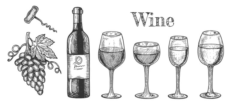 Wine glasses, bottle, grape branch set