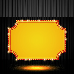 Shining retro banner on black stage curtain