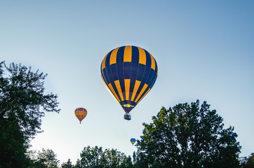 Colorful hot air balloon is flying in the blue sky above the trees