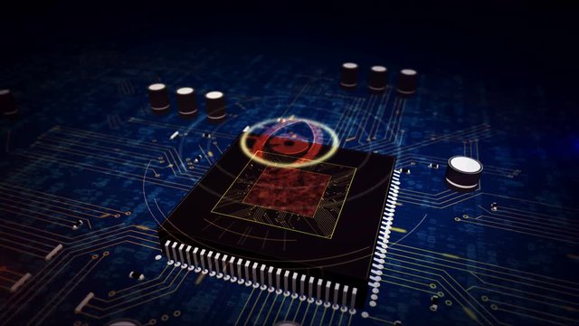 Cyber surveillance concept with spy eye hologram over cpu in background. Concept of privacy tracking, digital spying, artificial intelligence and spyware. 3D flight over futuristic circuit board.