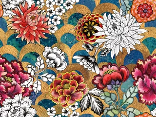 Papier peint Style japonais Modèle sans couture de luxe japonais de vague d& 39 échelle de poisson de sirène. Fond turquoise sarcelle foncé dessiné à la main à l& 39 aquarelle avec ligne dorée. Fleurs peintes japonaises pivoines, chrysanthèmes, dahlias