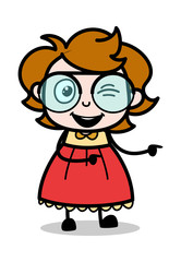 Pointing and Winking Eye - Teenager Cartoon Intelligent Girl Vector Illustration