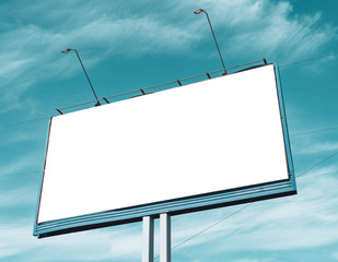 Billboard on the background of a beautiful blue cloudy sky. Mock up for your advertising or announcements
