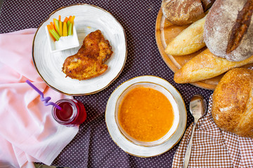 lunch on the table grilled meat and soup
