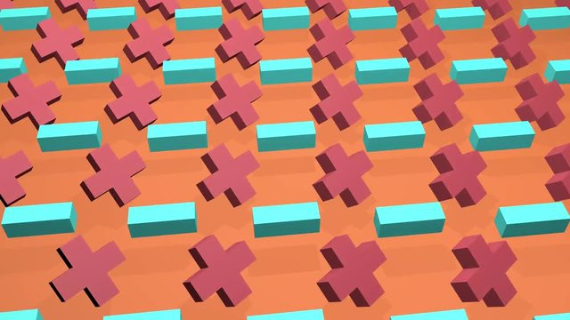 Isometric Plus and Minus Animation. Mint and pink. Objects rotating synchron. Simple cube animation. On orange background