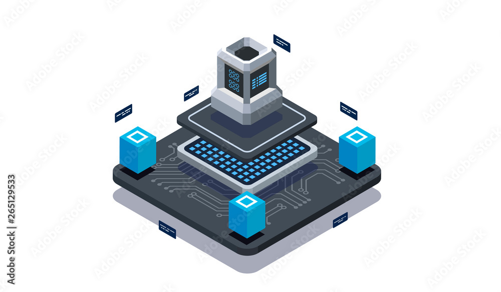 Fototapete Isometric design concept virtual reality and augmented reality. software development and programming. Computation of big data center, information processing, database. isometric vector technology