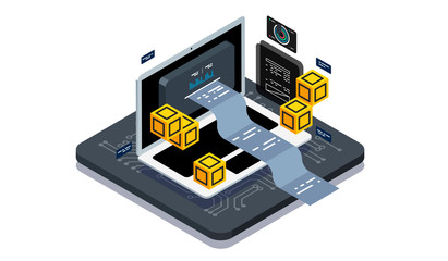 Isometric design concept virtual reality and augmented reality. software development and programming. Computation of big data center, information processing, database. isometric vector technology
