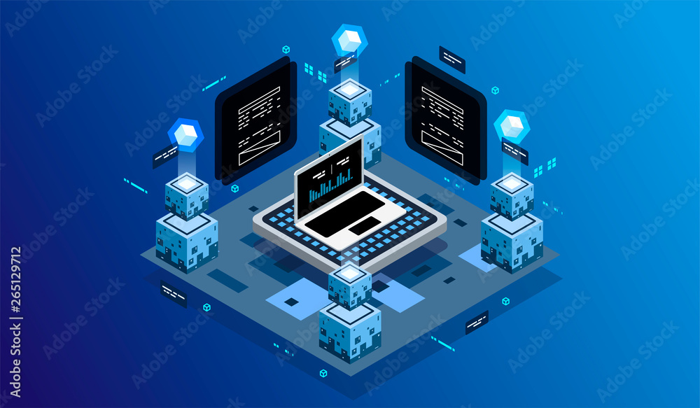 Fototapete Isometric design concept virtual reality and augmented reality. software development and programming. Computation of big data center, information processing, database. isometric vector technology