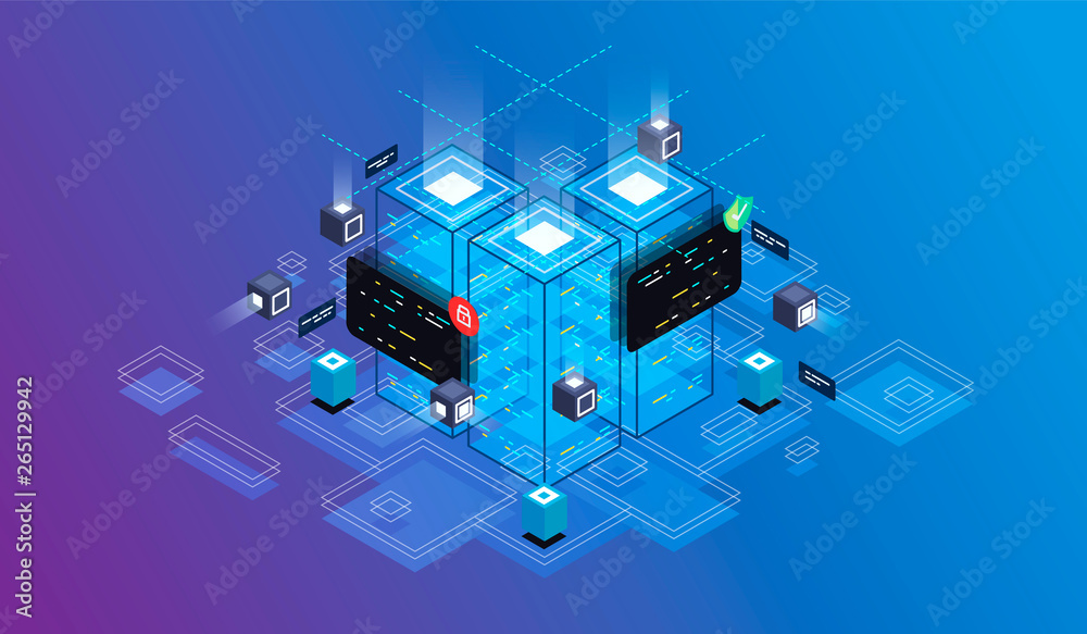 Fototapete Isometric design concept virtual reality and augmented reality. software development and programming. Computation of big data center, information processing, database. isometric vector technology