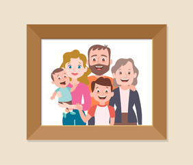 Family framed photo. Portrait of family members standing together. Mother, father, grandmother and children. Vector illustration in cartoon style.