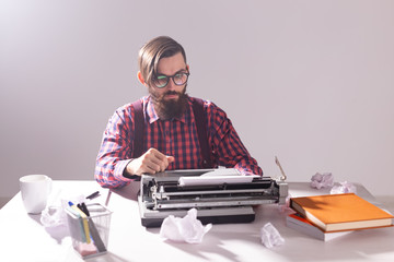 People, retro style and technology concept - High angle view of bearded writer in plaid shirt with...