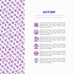 Autism concept, symptoms and adaptive skills thin line icons: repetitive behavior, stereotypy, ignoring of danger, autoaggression, hysterics, communication, social interaction. Vector illustration.