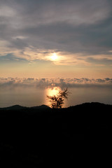 Sea, sky, beautiful structure of clouds, majestic landscape with seascape at calm sunset on horizon of mediterranean coast. Amazing sunset vibes on edge ocean. Sunrise over sea, natural environment.