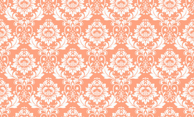 Wallpaper in the style of Baroque. Seamless vector background. White and pink floral ornament. Graphic pattern for fabric, wallpaper, packaging. Ornate Damask flower ornament