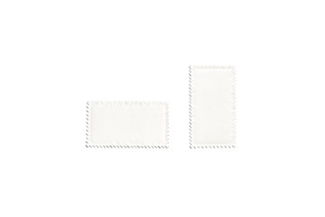Blank white vertical and horizontal rectangular postage stamp mock up isolated, depth of field, 3d rendering. Empty poststamp mockup, top view. Clear toothed label for mail template.