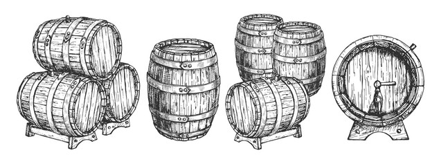 Wooden beer wine cask or barrels set