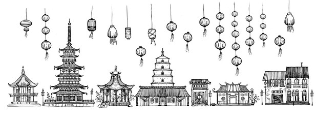 Traditional pagoda and lanterns set © istry